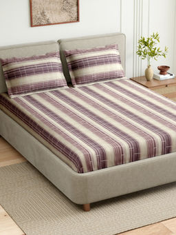 Haus & Kinder - Purple Linear Muse Cotton Fitted 144 TC Bedsheet with 2 Pillow Covers (King)