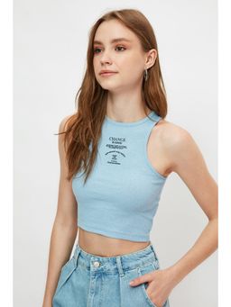 Trendyol - Blue Semi-fit Graphic Round Neck Top