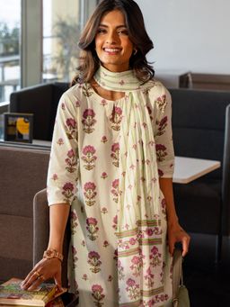 Libas - Womens Floral Yellow Kurta With Salwar Pant And Dupatta (Set of 3)