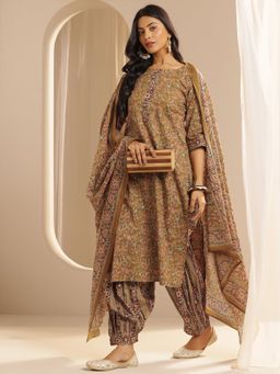Libas - Mustard Floral Printed Cotton Kurta With Salwar And Dupatta