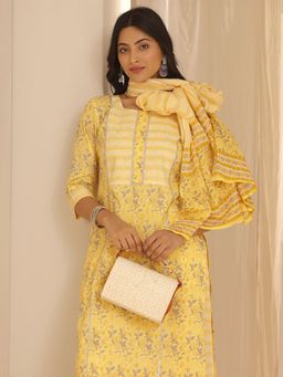 Libas - Yellow Cotton Printed Kurta And Palazzo With Dupatta (Set of 3)