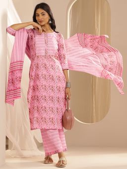 Libas - Pink Cotton Printed Kurta And Palazzo With Dupatta (Set of 3)