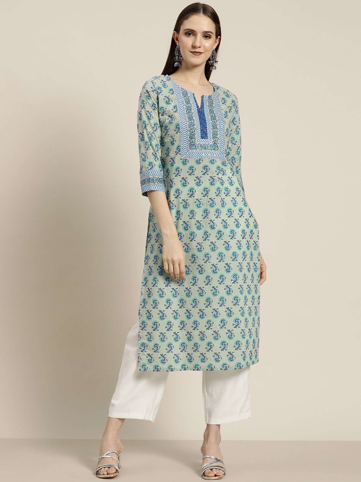 Women Blue Floral Printed Straight Kurta-image-5