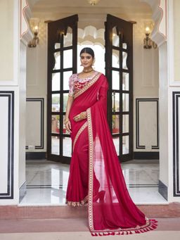 Odette - Red Two Tone Vichitra Silk Embroidered Saree with Unstitched Blouse