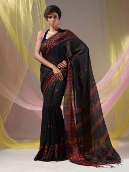 CHARUKRITI - Black Cotton Handloom Soft Geometric Border Saree with Unstitched Blouse