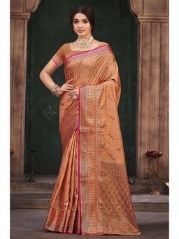 Sangam Prints - Peach Silk Woven Zari Work Traditional Saree with Unstitched Blouse