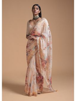 KALKI FASHION - Cream Beige Saree In Organza with Gotta Patti with Unstitched Blouse