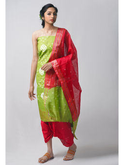 Unnati Silks - Unstitched Green Pure Bandhani Cotton Salwar Kameez (Set of 3)