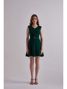 Torsha - Green Polyester Emerald Daze Mini Dress with Belt for Women