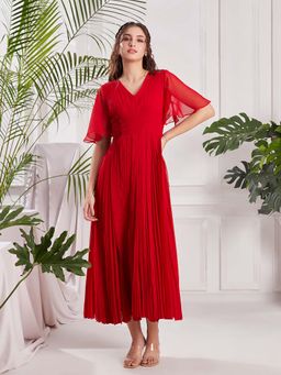 Torsha - Red Georgette Alert Midi Dress for Women