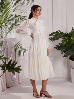 Torsha - White Georgette Pearl Blossom Dress for Women