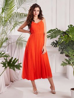 Torsha - Orange Crush Midi Georgette Dress for Women