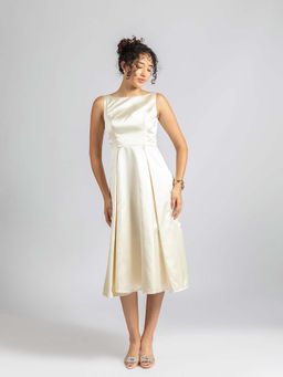 Torsha - Off White Satin Pearl Midi Dress