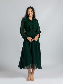 Torsha - Green Bow and Flared Dress with Inner and Belt