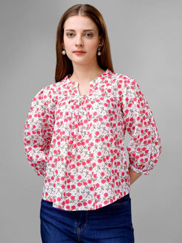 Masakali.Co - Women White & Pink Balloon Sleeves Cotton Top