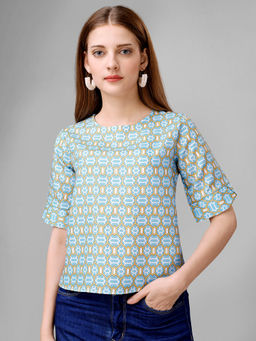 Masakali.Co - Women Sky Blue Short Sleeves Cotton Blend Top