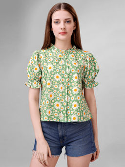 Masakali.Co - Women Parrot Green Flower Printed High Neck Crepe Top