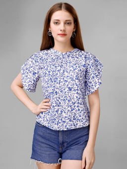 Masakali.Co - Women White & Blue Printed Crepe Top