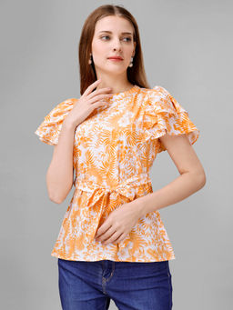 Masakali.Co - Women Orange & Order Printed Stand Collar Neck Top (Set of 2)