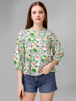 Masakali.Co - Women Multi-Color Flower Printed Stand Collar Western Top