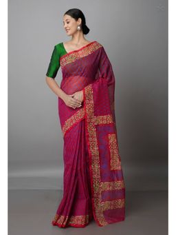 Unnati Silks - Red Pure Block Printed Kota Cotton Saree with Unstitched Blouse