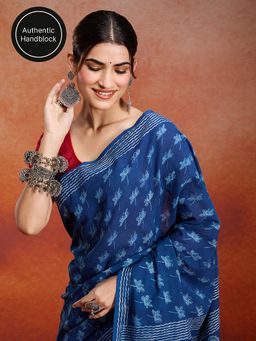 Likha - Cotton Authentic Handblock Printed Indigo Saree with Unstitched Blouse LIKINDSAR01