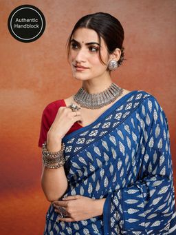 Likha - Cotton Authentic Handblock Printed Indigo Saree with Unstitched Blouse LIKINDSAR02