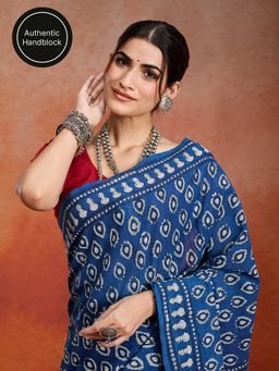 Likha - Cotton Authentic Handblock Printed Indigo Saree with Unstitched Blouse LIKINDSAR03