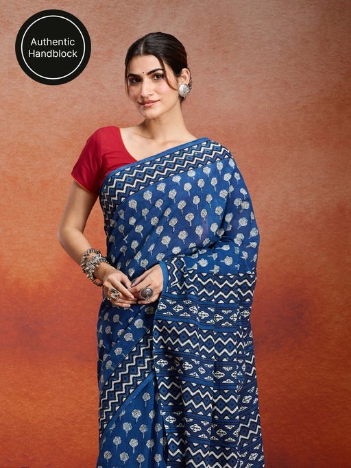 Likha Cotton Authentic Handblock Printed Indigo Saree with Unstitched Blouse LIKINDSAR04