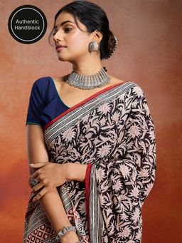 Likha - Cotton Authentic Handblock Printed Black Saree with Unstitched Blouse LIKINDSAR05