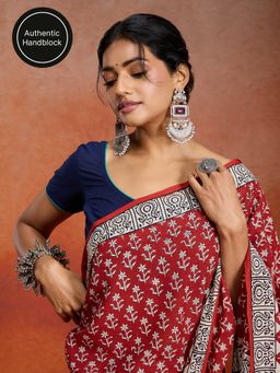 Likha - Cotton Authentic Handblock Printed Rust Saree with Unstitched Blouse LIKINDSAR06