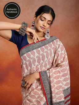 Likha - Cotton Authentic Handblock Printed Beige Saree with Unstitched Blouse LIKINDSAR07