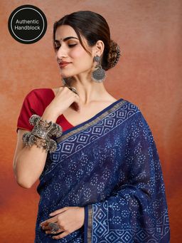 Likha - Cotton Silk Authentic Handblock Printed Indigo Saree with Unstitched Blouse LIKINDSAR08