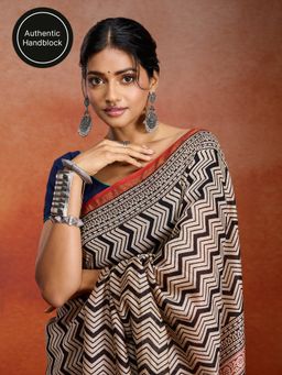 Likha - Cotton Silk Authentic Handblock Printed Beige Saree with Unstitched Blouse LIKINDSAR09