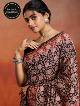 Likha - Cotton Silk Authentic Handblock Printed Black Saree with Unstitched Blouse LIKINDSAR11