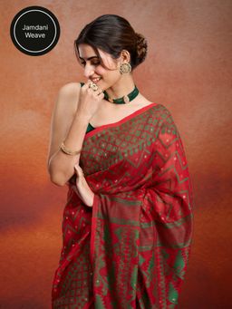 Likha - Jamdani Jacquard Rust Saree with Unstitched Blouse LIKJAM02