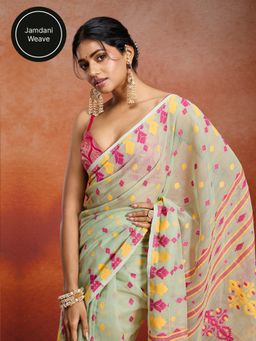Likha - Jamdani Jacquard Pista Green Saree with Unstitched Blouse LIKJAM04