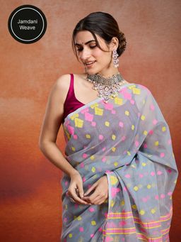 Likha - Jamdani Jacquard Grey Saree with Unstitched Blouse LIKJAM04