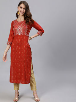 Jaipur Kurti - Women Rust Heavy Embroidered Gold Khadi Print Rayon Slub Kurta