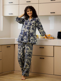 SAY - Floral Printed Notched Lapel Collar Pure Cotton Top with Pant (Set of 2)