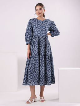 SAY - Ethnic Motifs Printed Puff Sleeve Fit and Flare Midi Dress