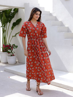 SAY - Floral Printed V-Neck Extended Sleeves Pure Cotton Maxi Night Dress