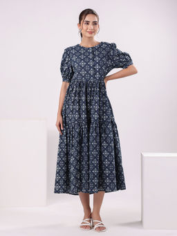 SAY - Ethnic Printed Puff Sleeve Cotton Fit and Flare Midi Ethnic Dress