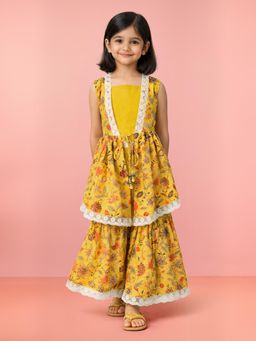 Vastramay - Girls Yellow Cotton Blend Blouse with Jacket and Sharara