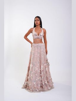 Twenty Nine - Pink 3D Flowers Mirrorwork Skirt With Bralette And Dupatta