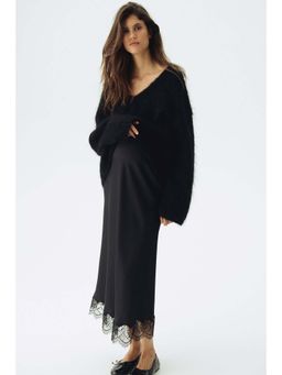 H&M - Women Black MAMA Lace-Trimmed Satin Skirt