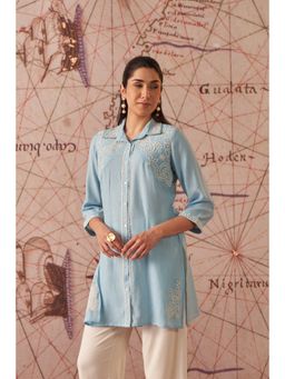 Lakshita - Women Blue Crinkled Embroidered Shirt
