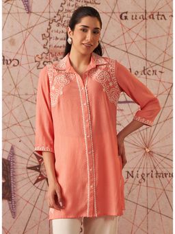 Lakshita - Women Orange Crinkled Embroidered Shirt