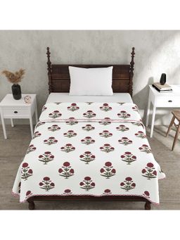 Bella Casa - Single Dohar-Ac Blanket Cotton Red Off-White Reversible Floral Printed