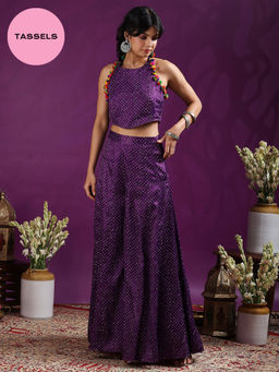 Gajra Gang - A Tasseled Affair Purple Bandhani Co-ord Set GGSKD95 (Set of 2)